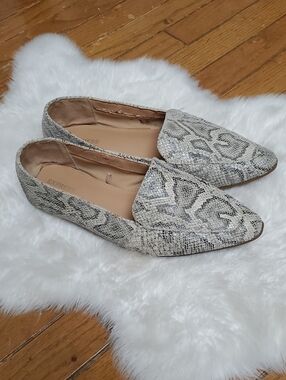 Express Snake-Print Pointed Slip-On Flats in Beige and Black